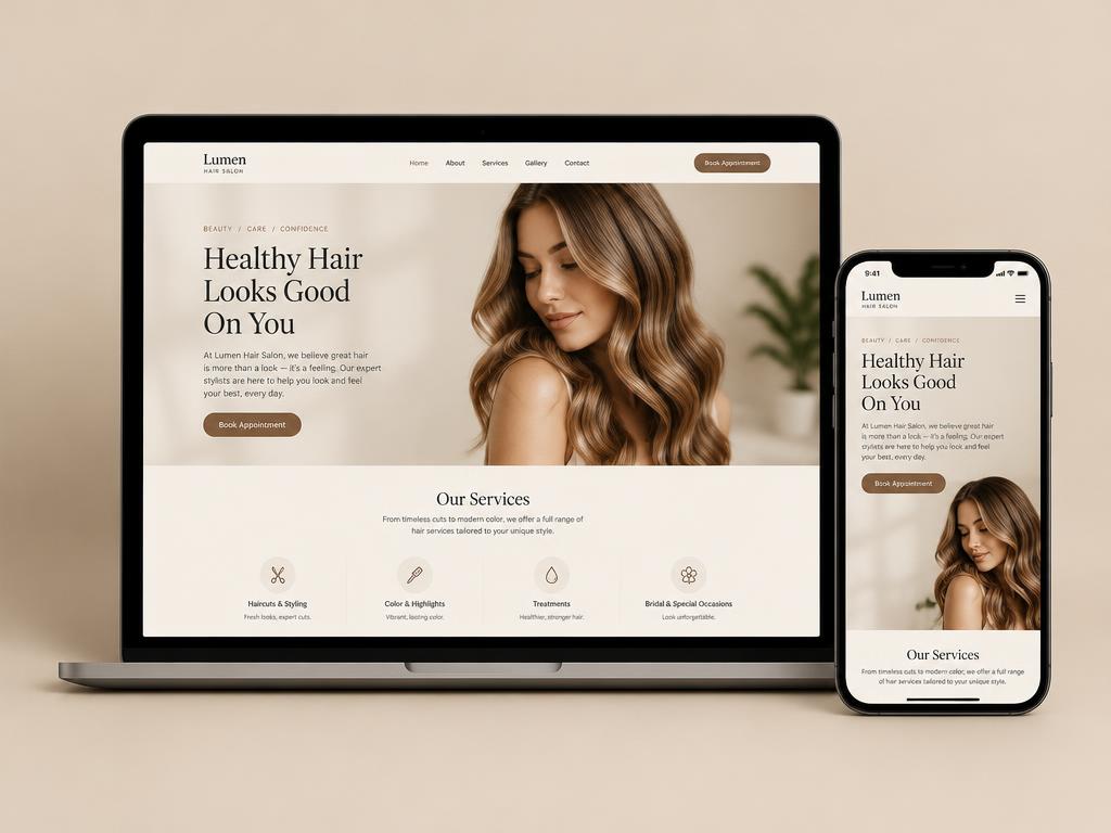 Onepager voor een kapsalon op laptop en smartphone